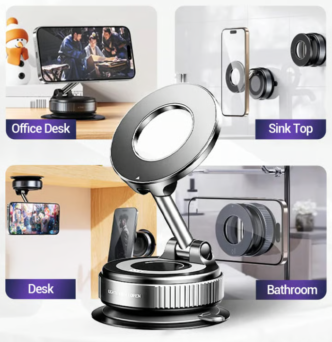 Magnetic Phone Holder with Vacuum Grip -Zero Wobble, Full 360° Control