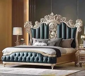 MUSKAN Arts Solid Teak Wooden Carving Royal King Size Bed | Luxury Bed | Modern Bed for Bedroom, Hotel & Home, Golden Finish, (198L x 190W x 182H Centimeters)