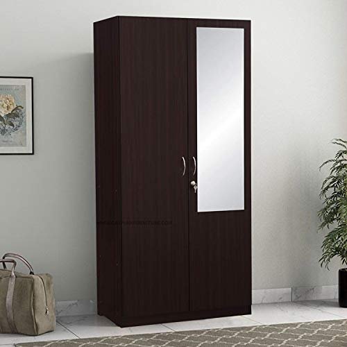 CASPIAN Furniture 2 Door Basic Wardrobe with Mirror Attached for Bedroom Cupboard (Color Dark Walnut 75 x 30 x 17 inches)