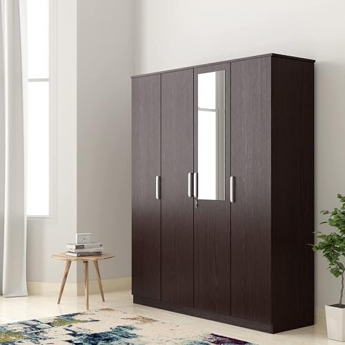 Amazon Brand – Solimo Grants Engineered Wood 4 Door Wardrobe with 1 Drawer and Mirror (Wenge Finish)