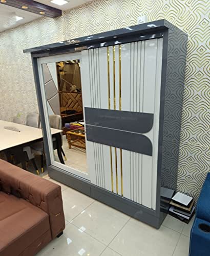 S. K. MODERN ART Sliding Door Wardrobe for Bedroom with Mirror, Drawer, Shelves & Hanging Space for Clothes Cupboard Almirah Commercial Plywood with PVC Laminate (Model 4, Size 7 x 8 feet)
