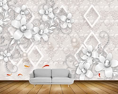 Mystic Walls MWZ1145 White Flowers Fishes HD 3D Wallpaper for Bedroom, Hall[18 ft x 16 ft] / [549 cm x 488 cm]