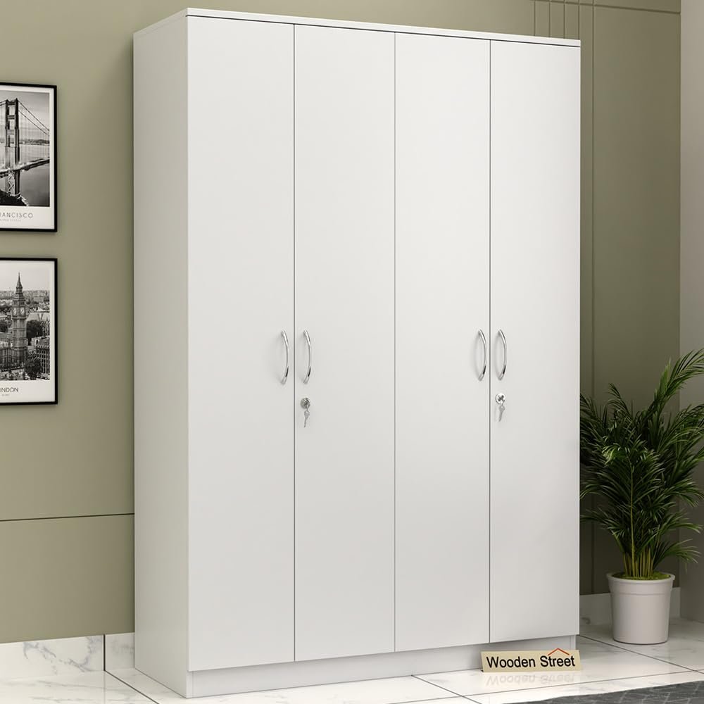 WoodenStreet™ Kayden 4 Door Wardrobe Furniture for Clothes, Cupboard Wooden Almirah for Bedroom, Multi Utility Wardrobe with Lock and Handles, 1 Year Warranty, Engineered Wood, Frosty White Finish