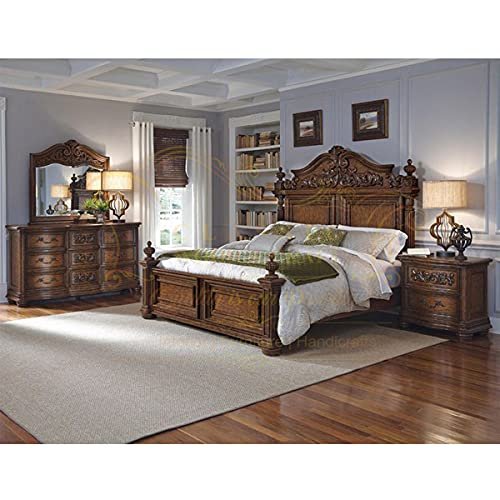 CLASSIC WOOD & CRAFT Complete Bedroom Set in Teak Wood with 2 Side Tables and a Dressing Table Having Beautiful Interior and Wood Carving Work in Rosewood Finish for Royal Bedroom