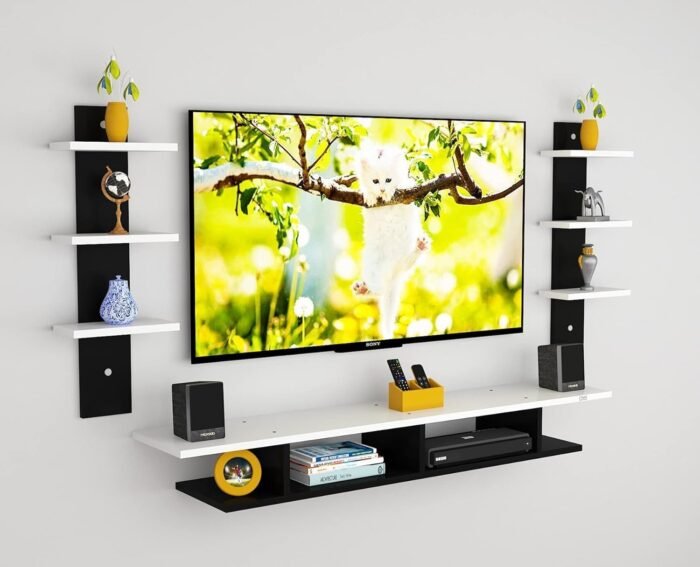 EVETO Engineered Wood TV & Set Top Box Unit Stand for Living Room, Office, Dining Room, Bedroom, Large (up to 55″) (Black & Frosty White)