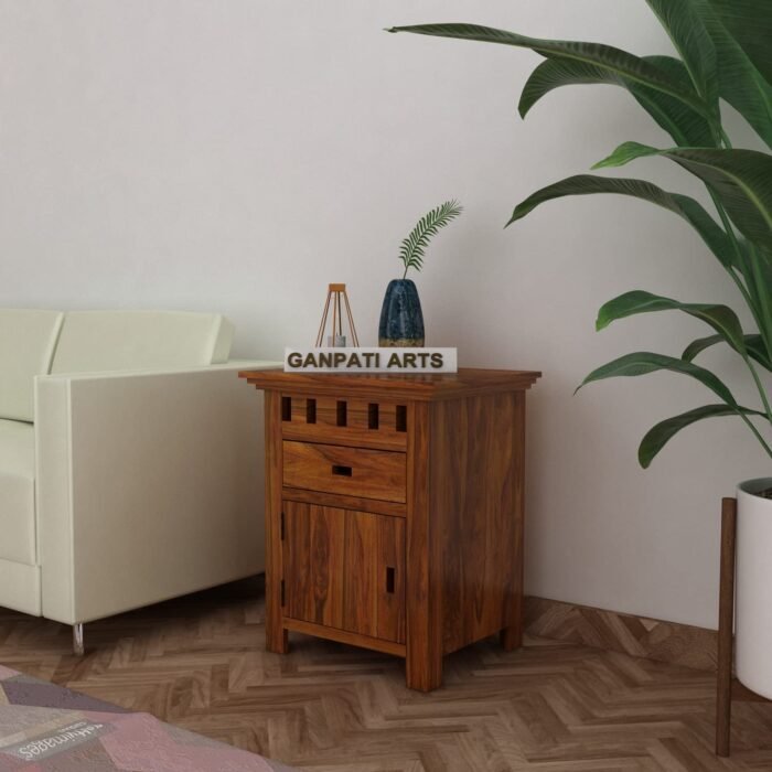 Ganpati Arts Solid Sheesham Wood Armania Bedside End Table with 1 Drawer and 1 Door Storage for Living Room Wooden Night Stand Bed Room Furniture (Natural Finish) 1 Year Warranty