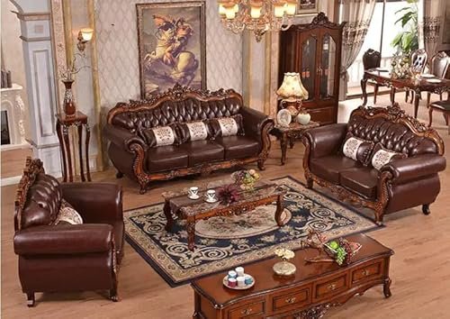 NAAZ HANDICRAFT Luxury Design Leatherette Sofa Set with Solid Sagwan Wooden Carving Work Single Sofa Chair Sofa Set for Small Apartments, Living Room or Bedroom 3+2+1 with Center Table, Brown
