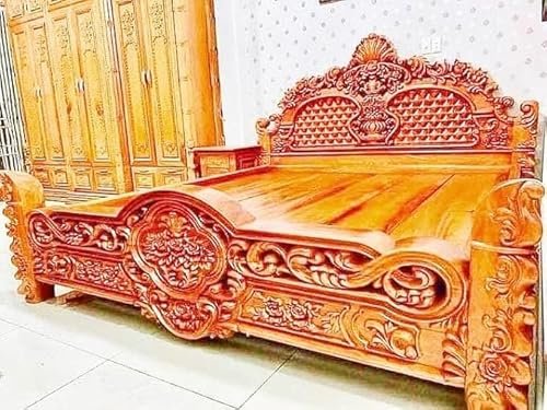 MUSKAN ARTS Solid Wooden Hand Carved King Size Bed Wthout Boxes & Mattress for Bedroom, Hotel & Home, Honey Finish, (D200 × W200 × H132 cms)