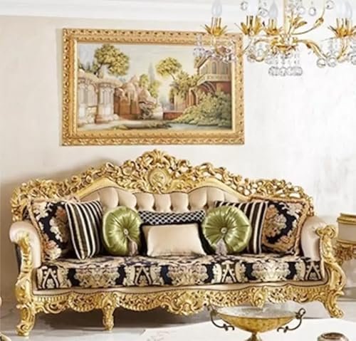 MUSKAN Arts Wooden Sofa Set for Living Room || Hand Carving Sofa Furniture || Antique Design 3 Seater + 1 + 1 || with 5 Cushion Pillow || Gold & Beige Finish